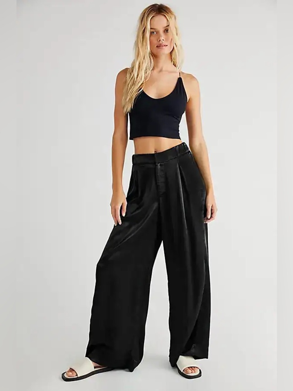 Free People Good Days Satin Wide Leg Trouser Pants Black L